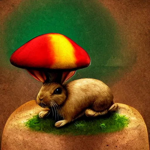 Prompt: a rasta bunny rabbit sitting on a mushroom, digital art, art station, trending, high detail, 8k, aesthetic