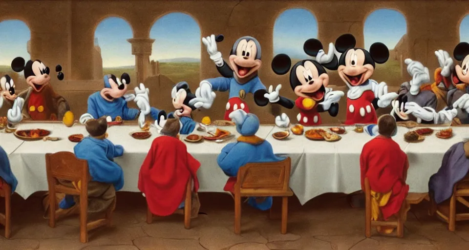 Image similar to mickey mouse at the last supper