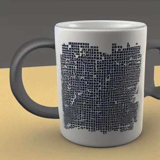 Prompt: a photo realistic mug shattering into voxel cubes.