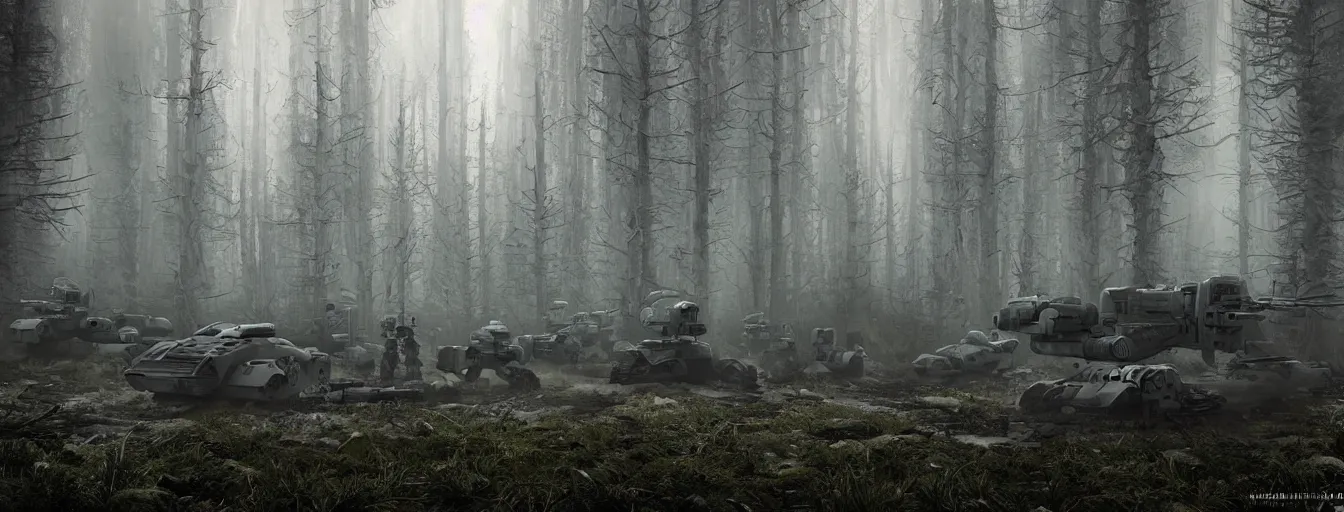 Prompt: dark foggy forest with military robots with strong lights searching for hidden human soldiers, postapocalyptic style, high detail, dramatic moment, motion blur, dense ground fog, dark atmosphere, saturated colors, by darek zabrocki, render in unreal engine - h 7 0 4