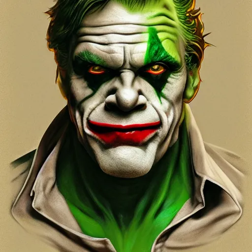 Image similar to portrait of mark hamill as the joker as a hulking herculean demon orc bugbear clown, godlike, upper body, fantasy, intricate, elegant, highly detailed, digital painting, artstation, concept art, sharp focus, illustration, art by artgerm and greg rutkowski and alphonse mucha