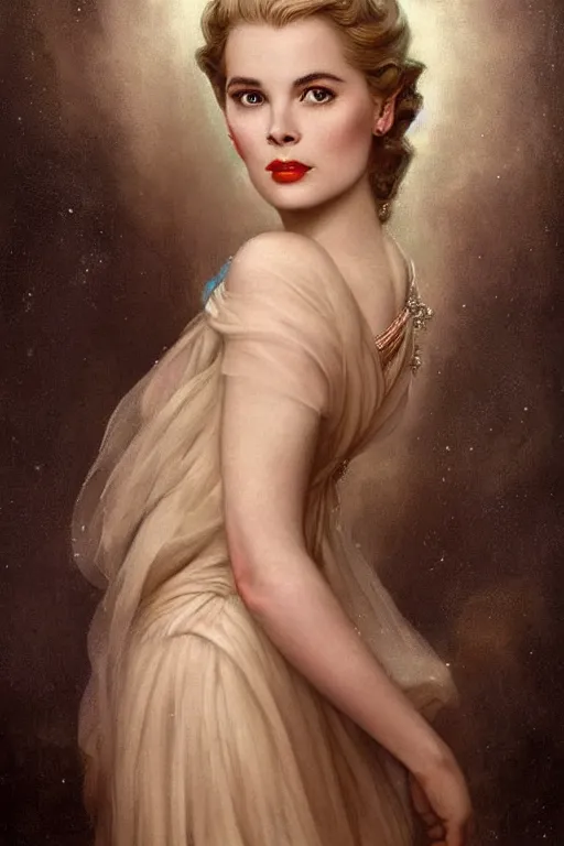 Image similar to a young and extremely beautiful grace kelly infected by night by tom bagshaw in the style of a modern gaston bussiere, art nouveau, art deco, surrealism. extremely lush detail. melancholic scene infected by night. perfect composition and lighting. sharp focus. profoundly surreal. high - contrast lush surrealistic photorealism. laughing, extremely happy.