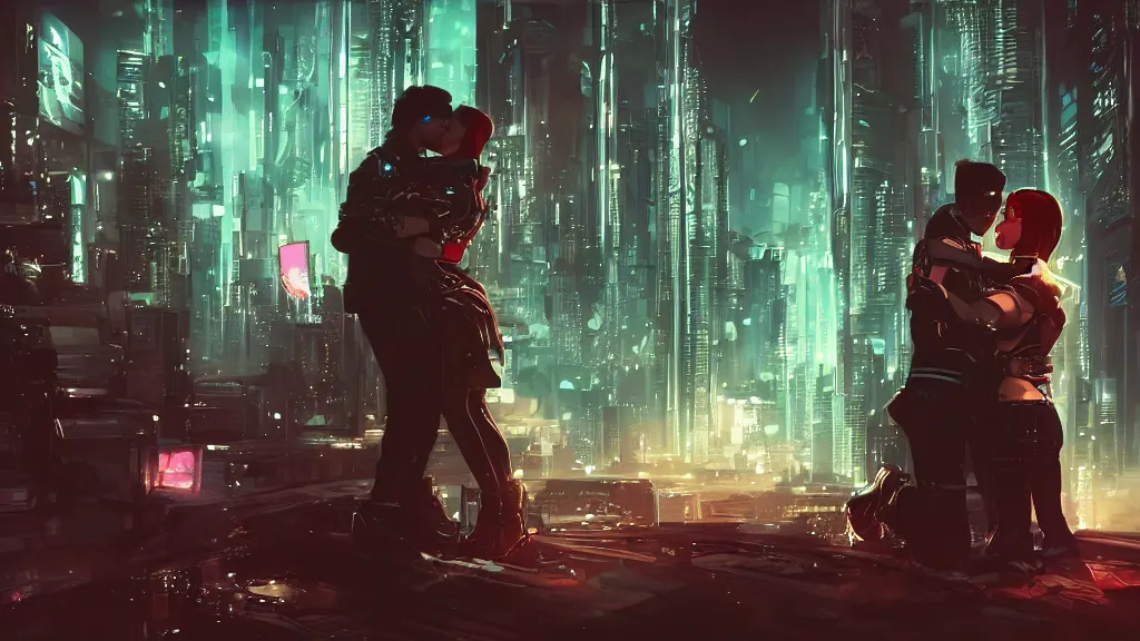 Prompt: futuristic, cyberpunk, couple kissing, stars, dramatic, digital art, detailed, artstation, romantic scene, very dramatic feels,