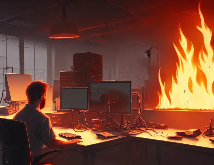 Prompt: a man works at a workstation in a very big office with burning fires, close up, featured in artstation, intricate, ultra detailed, unreal engine, concept art, wide - angle lens, sharp focus, illustration, 8 k