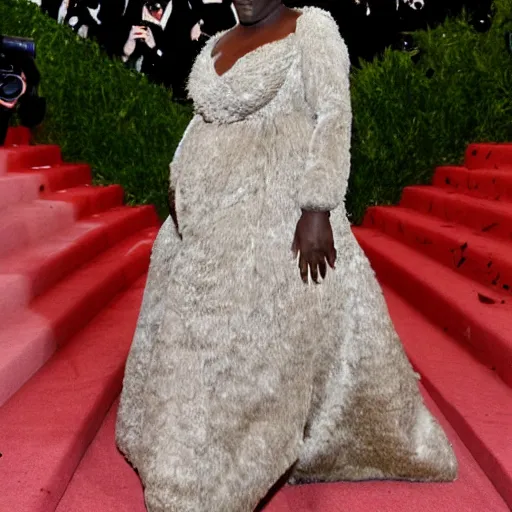 Image similar to harambe the gorilla in a ball gown at the met gala