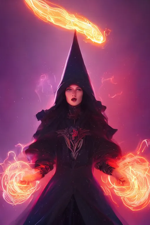 Prompt: a fancy portrait of a beautiful dark magician girl with a large witches hat covered in coloured flames by Greg Rutkowski, Sung Choi, Mitchell Mohrhauser, Maciej Kuciara, Johnson Ting, Maxim Verehin, Peter Konig, final fantasy , mythical, 8k photorealistic, cinematic lighting, HD, high details, atmospheric,