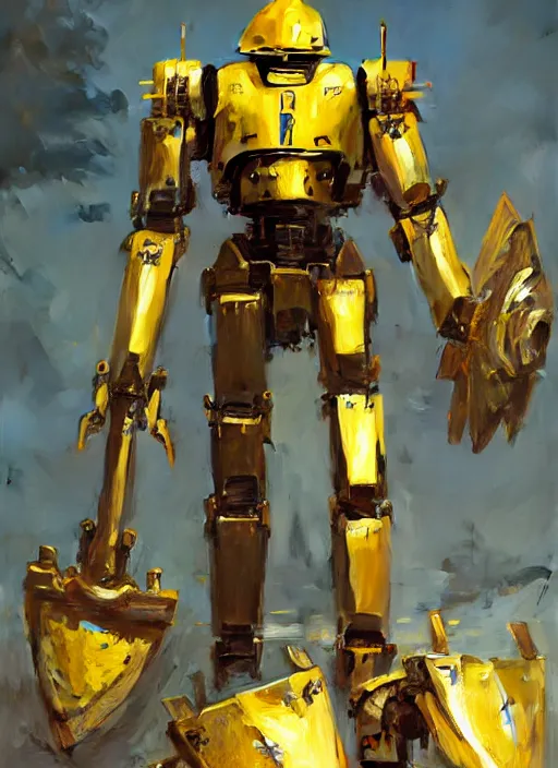 Image similar to human-sized strong intricate yellow pit droid carrying beautiful paladin greatsword and beautiful large paladin shield, pancake short large head, exposed metal bones, painterly humanoid mecha, by Greg Rutkowski