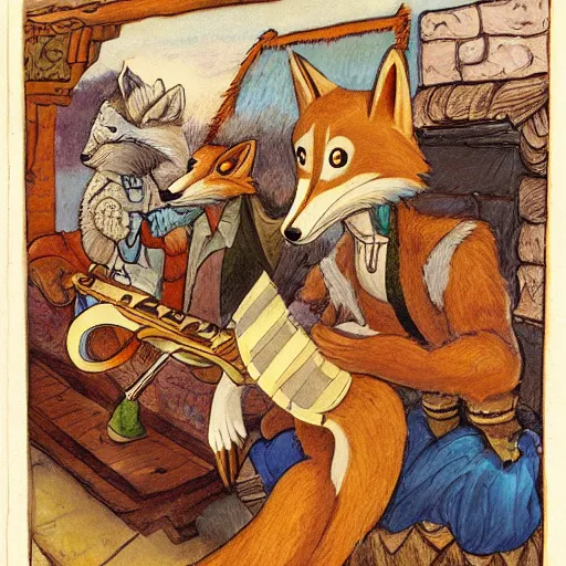 Image similar to An anthropomorphic fox playing the lute in a tavern full of anthropomorphic animals, by Ken Anderson and Don Bluth