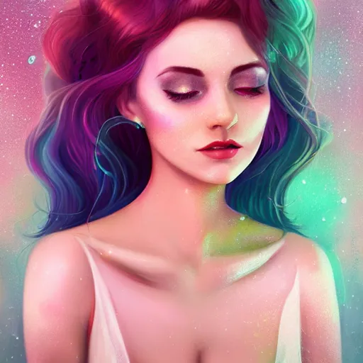Prompt: portrait of a woman inspired by lois van baarle, charlie bowater, anna dittmann, illustration, iridescent, iridescent hair, face, hair styles, light makeup, glitter, self confidence, cinematic 8 k