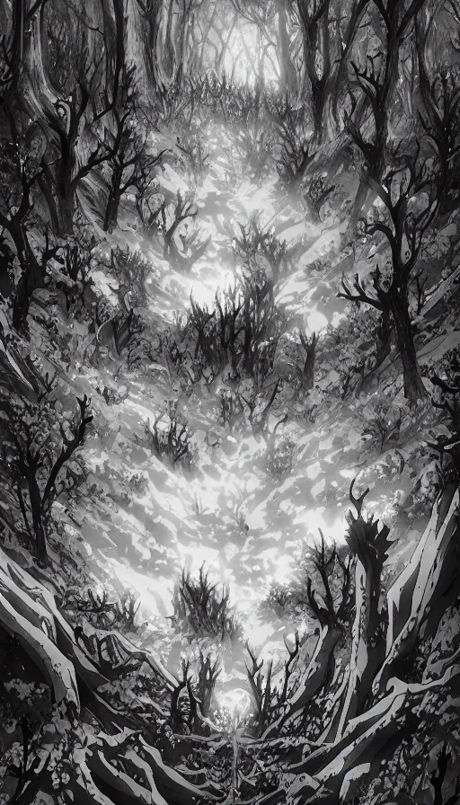 Image similar to a storm vortex made of many demonic eyes and teeth over a forest, by wit studio