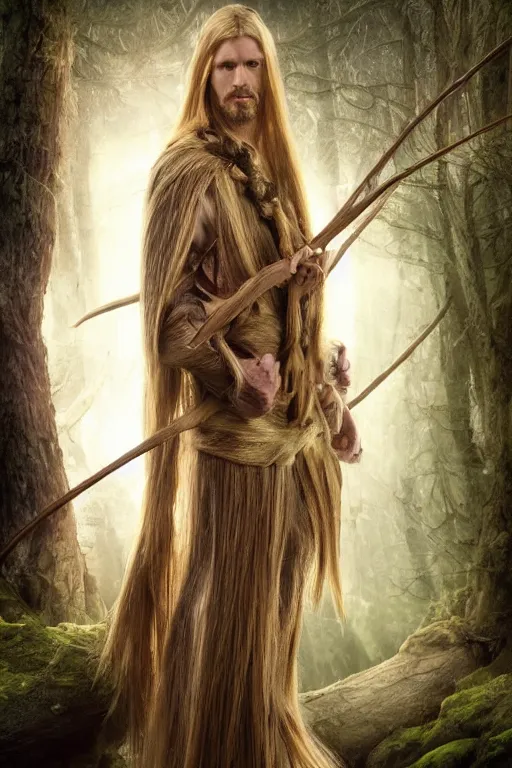 Image similar to A tall slim male wood elf druid posing with a bow in a mystical forest, portrait, long blonde hair, fungi, glowing, wooden armor, magical, fantasy, medieval, highly detailed, dynamic lighting, cinematic, dramatic, sharp focus, focus on face, masterpiece, trending on artstation, concept art, digital painting, still, photo, photograph, in the style of Heilung