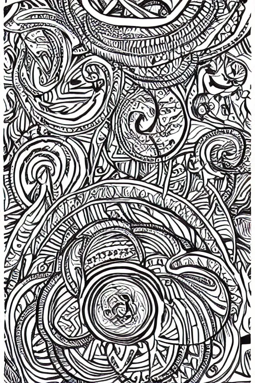 Image similar to a thin intricate lineart swirling tribal mandala design, black and white