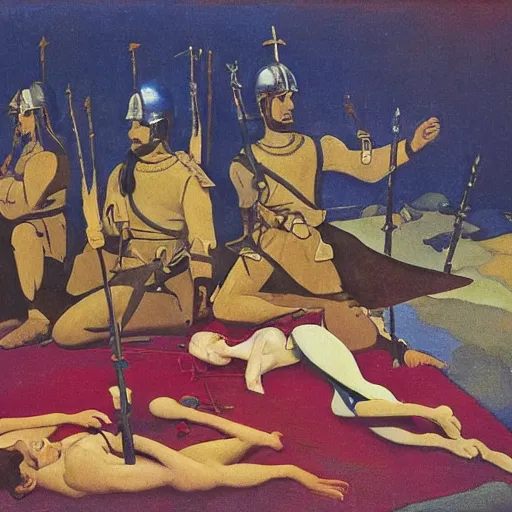 Image similar to a naturalist vintage painting of shining metal spanish conquistador soldiers lying on the ground by nicholas roerich by gustave moreau, by eyvind earle by bruce pennington by georgia o keeffe, blood, skin reflective metallic