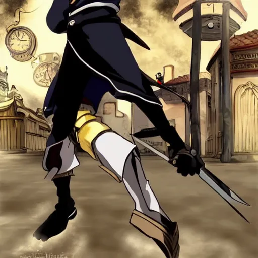 Image similar to young blonde boy thief with daggers in a steampunk city, full metal alchemist, anime style