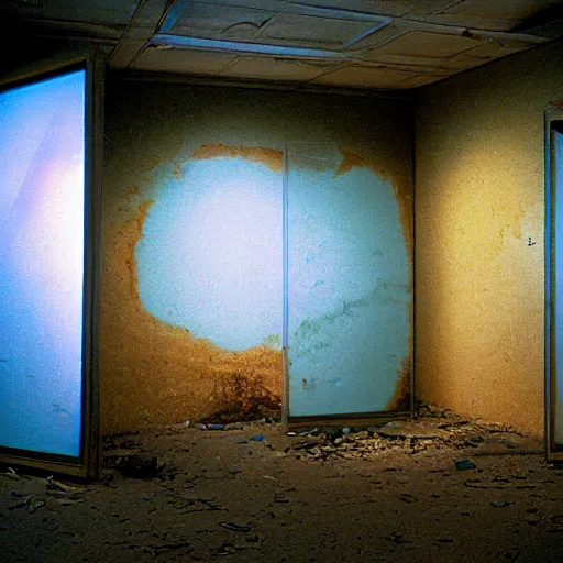 Prompt: an abandoned creepy dried aquarium, museum exhibition, 1 9 8 0 s computers, computer monitors, illuminated displays of computer screensavers, crystal refraction of light, stanchions, photo taken on fujifilm superia film, 3 5 mm film, aquatic devices