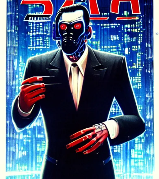 Image similar to a cyberpunk very ugly mafia boss in a suit with slicked back black hair played by christen bale staring at the camera, 1 9 7 9 omni magazine cover, style by vincent di fate, artgerm, very coherent, detailed, 4 k resolution, dark, unreal engine, daz