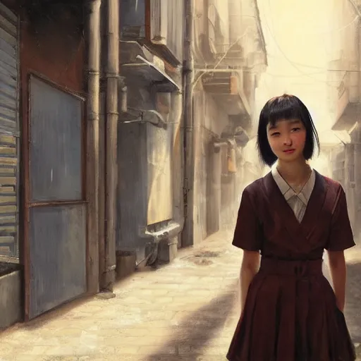 Image similar to a perfect, realistic professional oil painting in mannerism style, of a Japanese schoolgirl posing in a dystopian alleyway, close-up, by a professional American senior artist on ArtStation, a high-quality hollywood-style concept