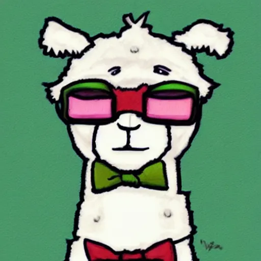 Image similar to cute alpaca wearing a tuxedo by Hayao Miyazaki, beautiful, colorful