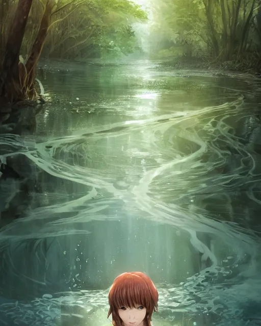 Image similar to a female water spirit in a river, trees, shady atmospheric, magical, made of water, ripples, Narnia. By Makoto Shinkai, Stanley Artgerm Lau, WLOP, Rossdraws, James Jean, Andrei Riabovitchev, Marc Simonetti, krenz cushart, Sakimichan, trending on ArtStation, digital art.