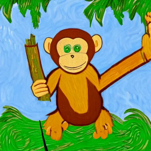 Prompt: monkey holding a stick, hitting a log, in the forest, in the style of Van Gogh