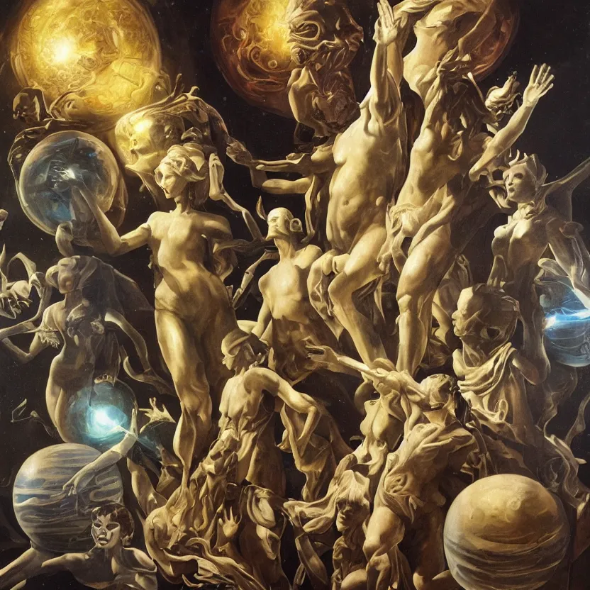 Prompt: marble statues and futuristic aliens reaching through a framed painting, hands holding big glowing orbs, pulp sci - fi art for omni magazine. high contrast. baroque period, oil on canvas. renaissance masterpiece