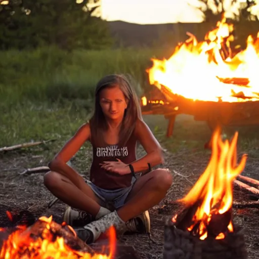 Prompt: movie still of a girl in a tan trenchoat sitting by the campfire with her motorcycle