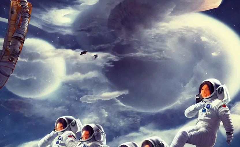 Image similar to astronaut women on a nimbus cloud, by mobius, trending on artstation, sharp focus, masterpiece