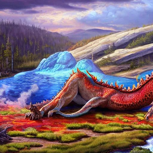 Image similar to highly detailed oil painting of a dragon resting in a colorful hotspring at yellowstone national park, featured on artstation