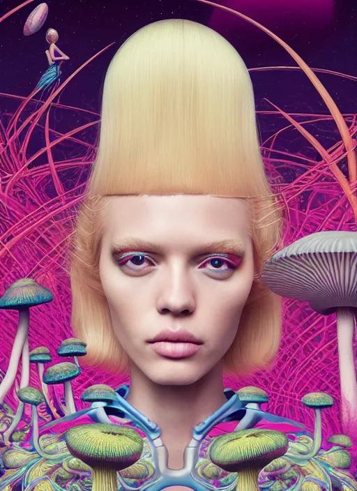 Image similar to pretty futuristic blonde model with hallucination mushroom : : by martine johanna and simon stalenhag and chie yoshii and casey weldon and wlop : : ornate, dynamic, particulate, rich colors, intricate, elegant, highly detailed, vogue, harper's bazaar art, fashion magazine, smooth, sharp focus, 8 k, octane render,