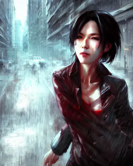 Image similar to battle hardened, sly, cunning, rugged ada wong, face centered portrait, confident, ruined cityscape, zombies, fog, rain, volumetric lighting, soft light particles floating near her, illustration, perfectly shaded, soft painting, art by krenz cushart and wenjun lin