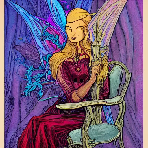 Prompt: acrylic painting, art in the style of Terry Moore, Moebius and Mohrbacher, a portrait of an elder fairy asleep on a chair, her wand and accessories beside her.