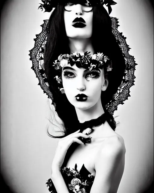 Prompt: dreamy surreal poetic black and white photo of a beautiful young female-cyborg-vegetal with a very long neck and a super big gothic lace collar and a very high big floral crown with many black dry roses by Vivienne Westwood:: smoke, high fashion, haute couture, rococo, avant-garde, elegant, dreamy, hyper realistic, 150 mm lens, soft rim light, octane render, unreal engine, picture was taken in 1910 by Dora Maar, volumetric lighting, dramatic light,8k,