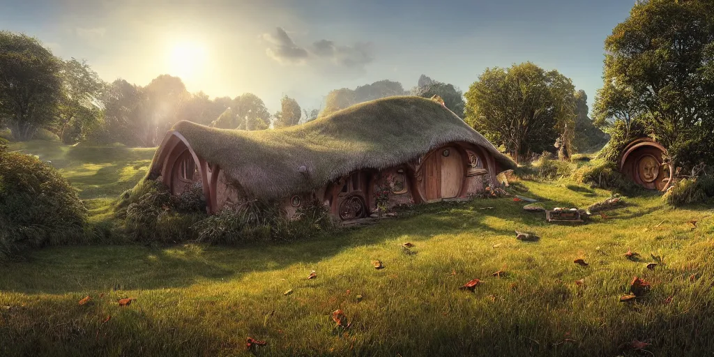 Prompt: a hobbit house in a grass field hill, ( ( ( gandaf ) ) ) by greg rutkowski, zabrocki, moebius, karlkka, jayison devadas, highly detailed, photorealism, sharp details, autumn sunlights, smoky atmosphere, ( ray of sunlight ), 8 k, ultra wide angle, shot with hasselblad camera