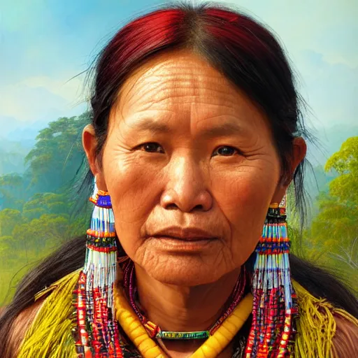 Image similar to portrait of an aboriginal paiwan woman ( 3 5 ) from taiwan in 2 0 2 1, an oil painting by ross tran and thomas kincade