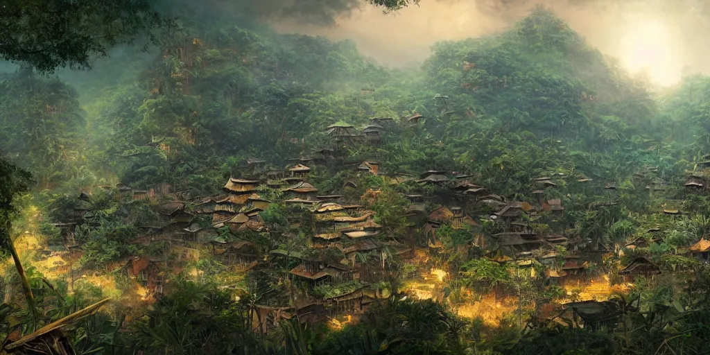 Image similar to a gigantic standing haunted samurai guardian dominates a huge hidden bamboo village in the jungle, evening, ominous sky, flags, matte painting, craig mullins