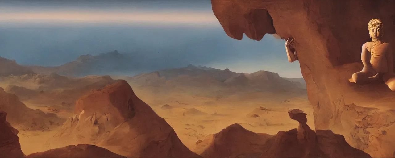 Prompt: a surreal painting of a man reaching a cliff gazing off into the horizon where he sees buddahs eyes in the desert