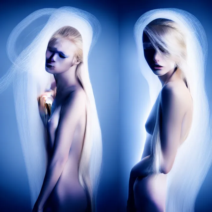 Image similar to simulating photography of a beautiful woman with long blond hair dressed in long white, fine art photography light painting in style of Paolo Roversi, professional studio lighting, volumetric lighting, dark blue background, hyper realistic photography, fashion magazine style