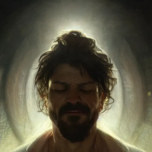 Prompt: selfportrait of a madman looking at his soul in the mirror, portrait, intricate, detailed, volumetric lighting, scenery, digital painting, highly detailed, artstation, sharp focus, illustration, artstation, art by artgerm and greg rutkowski and alphonse mucha
