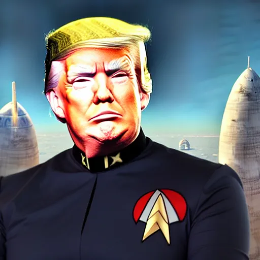 Image similar to portrait of donald trump wearing a starfleet captain's outfit, star trek uniform, dressed like picard, matte painting, extreme detail, trending on artstation, by isaac levitan and asher brown durand,