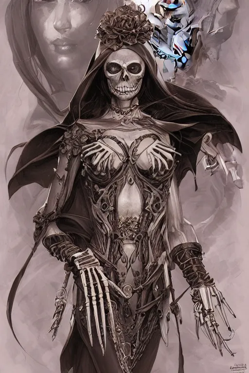 Image similar to skeleton as a heroine, intricate, elegant, highly detailed, centered, digital painting, artstation, concept art, smooth, sharp focus, illustration, art by artgerm and donato giancola and Joseph Christian Leyendecker, Ross Tran, WLOP