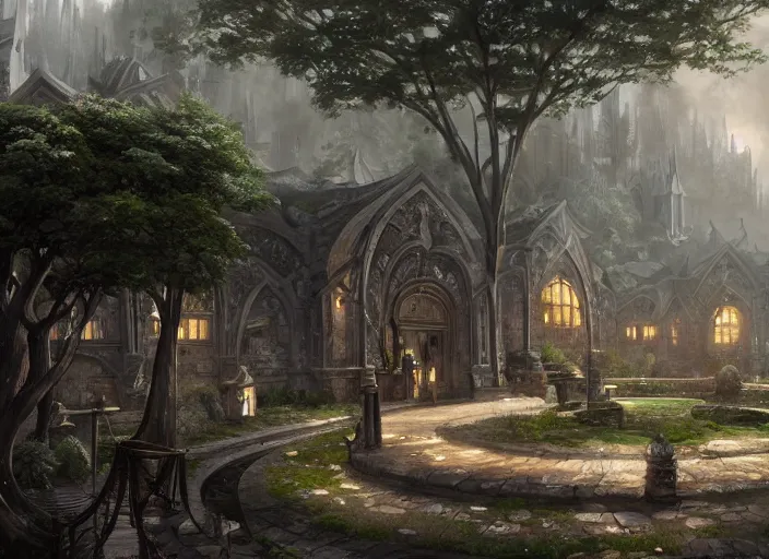Image similar to Blacksmith building inside a beautiful elven city made of white marble, anime, lush trees, fountain, a fantasy digital painting by Greg Rutkowski and James Gurney, trending on Artstation, highly detailed