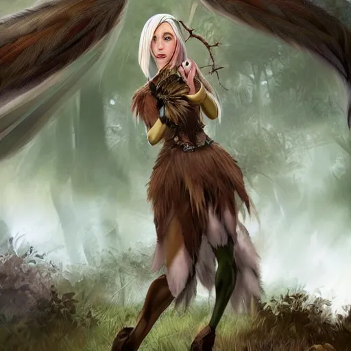 Prompt: a monstrous harpy with brown feathered wings on the back and short blonde hair standing in a forest, high quality 4 k d & d character art, trending on artstation