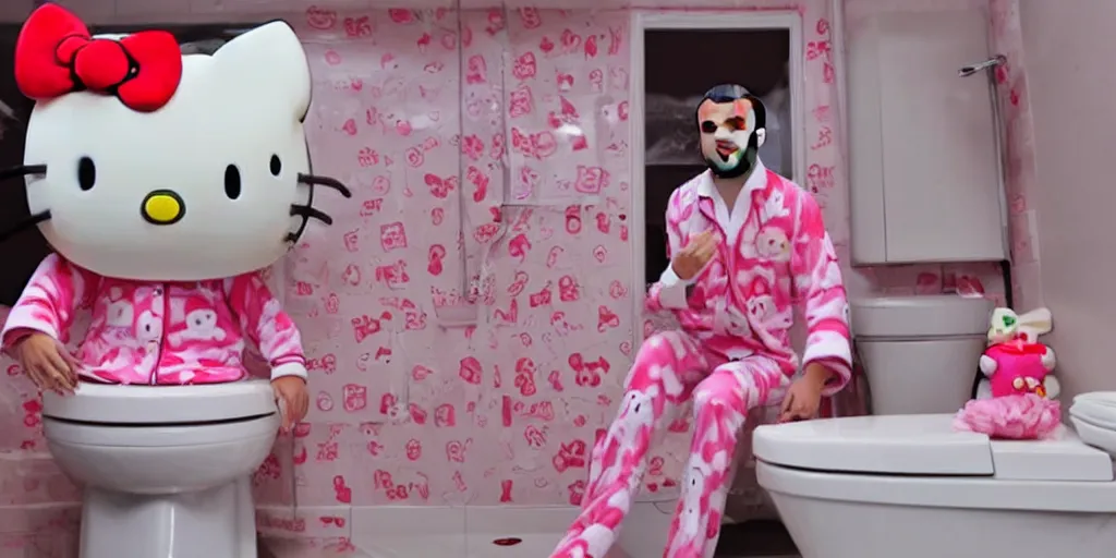 Image similar to picture of emmanuel macron dressed in a hello kitty pajamas on a toilet, photorealistic, higly detailed, 8 k