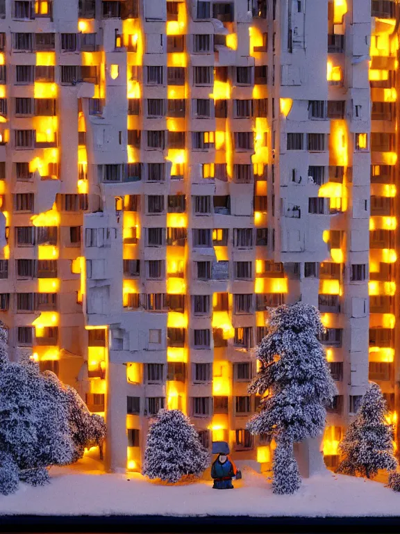 Image similar to mega detailed miniature diorama a soviet residential building, brutalism architecture, suburban, warm lights are on in the windows, man lies in the snow, dark night, fog, winter, blizzard, cozy and peaceful atmosphere, row of street lamps with warm orange light, several birches nearby, 1 9 9 0