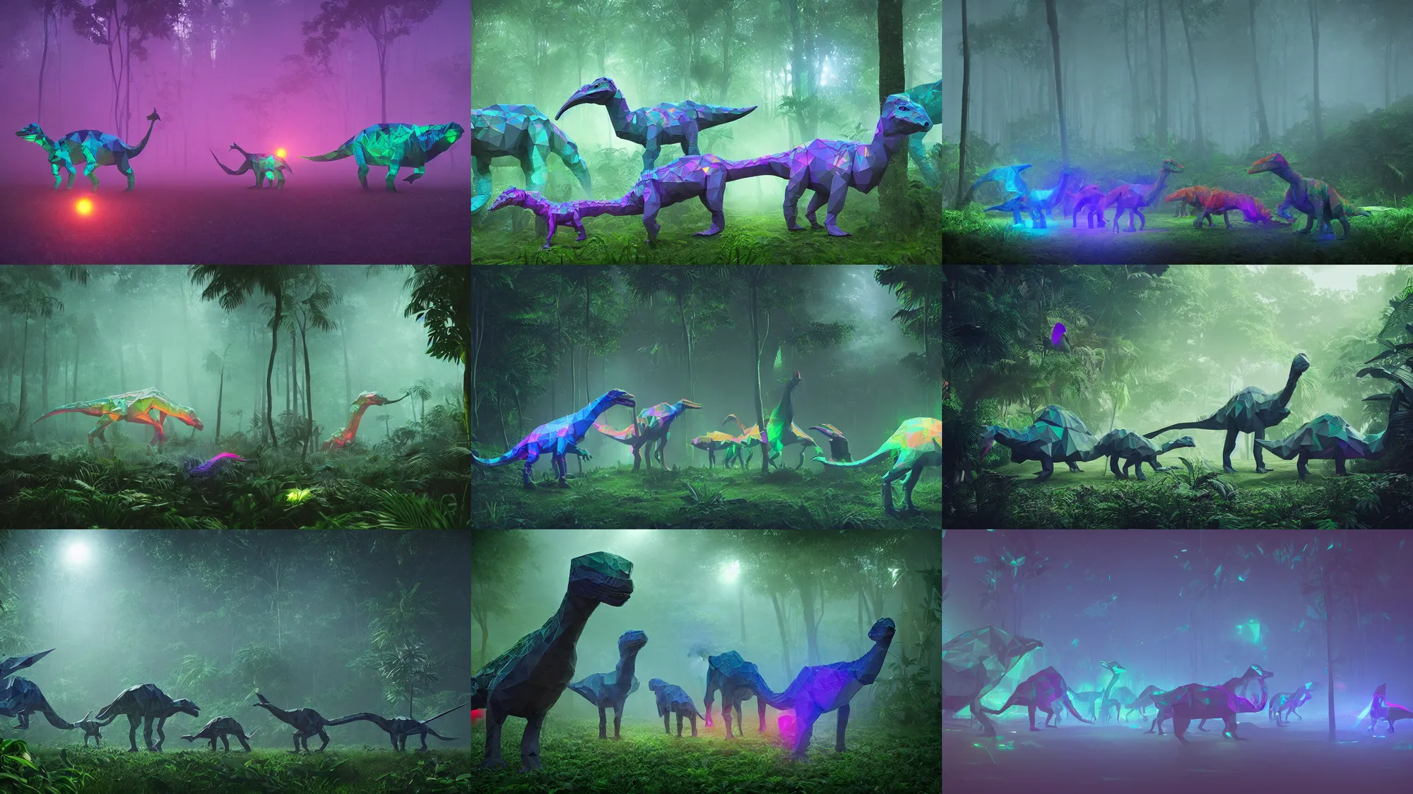 Prompt: holographic low - poly glowing dinosaurs in a foggy jungle, by beeple