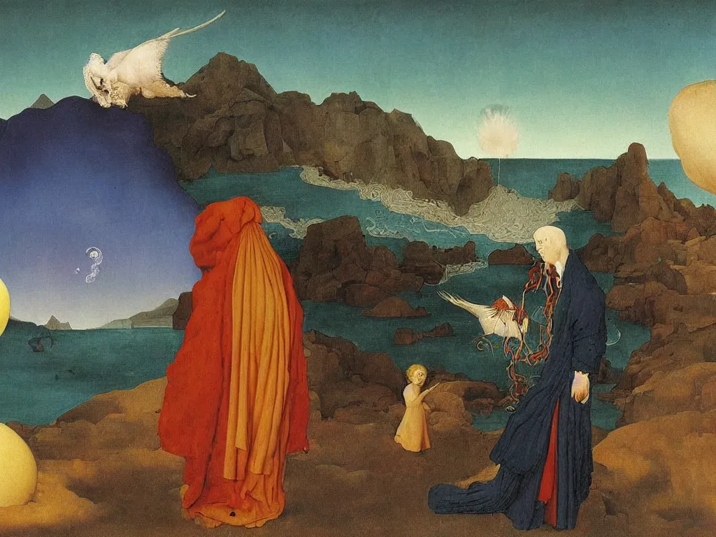 Image similar to albino mystic, with his back turned, with beautiful exotic Urchin looking at a island being engulfed, flooded by a tsunami giant wave. Painting by Jan van Eyck, Audubon, Rene Magritte, Agnes Pelton, Max Ernst, Walton Ford