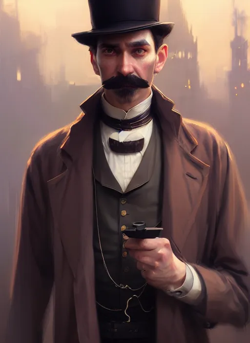 Image similar to character concept art of a victorian detective, key visual, realistic shaded perfect face, fine details, dystopian environment, by stanley artgerm lau, wlop, rossdraws, james jean, andrei riabovitchev, marc simonetti, and sakimichan, trending on artstation