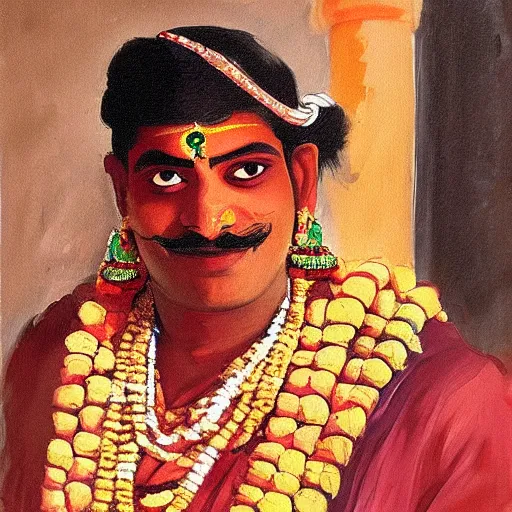 Prompt: portrait painting of a yakshagana artist by john singer sargent