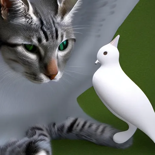 Image similar to cat playing with the dove of peace, photorealistic, detailed