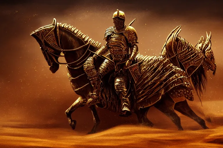 Prompt: the king in the desert dead on the ground, gold armour destroyed, killed, blood on gold sand, dark tragic scene, detailed scene, killed in war, fallen Crown, highly detailed, blood and dust, cinematic lighting, dramatic lighting, trending on artstation, elegant, intricate, tragedy, fantasy, D&D, highly detailed, digital painting, concept art